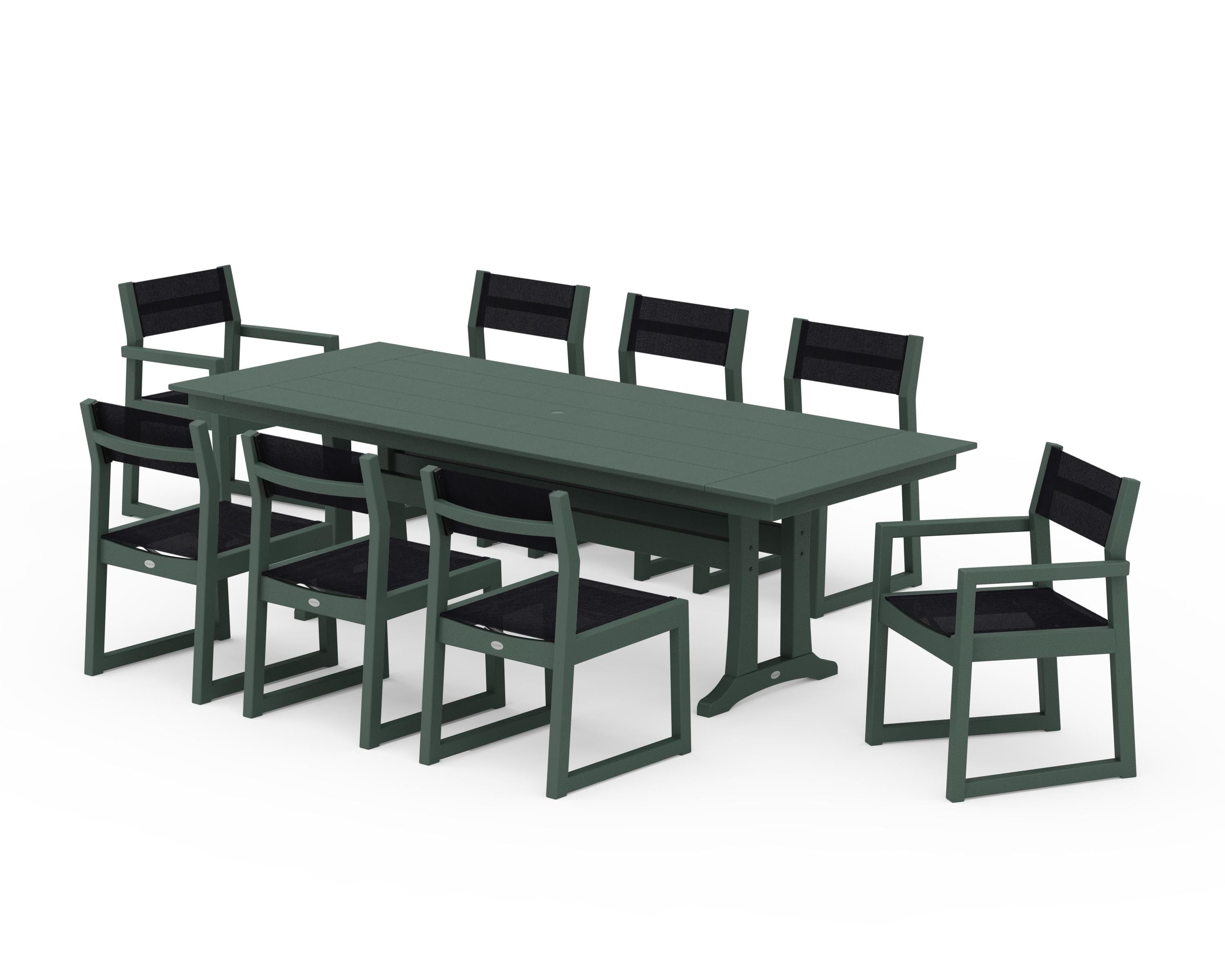 POLYWOOD® EDGE Sling 9-Piece Farmhouse Trestle Dining Set in Green / Black Sling