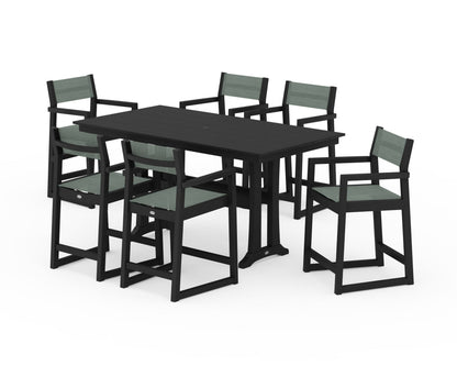 POLYWOOD® EDGE Sling Arm Chair 7-Piece Farmhouse Counter Set with Trestle Legs in Black / Dupioni Sea Mist Sling