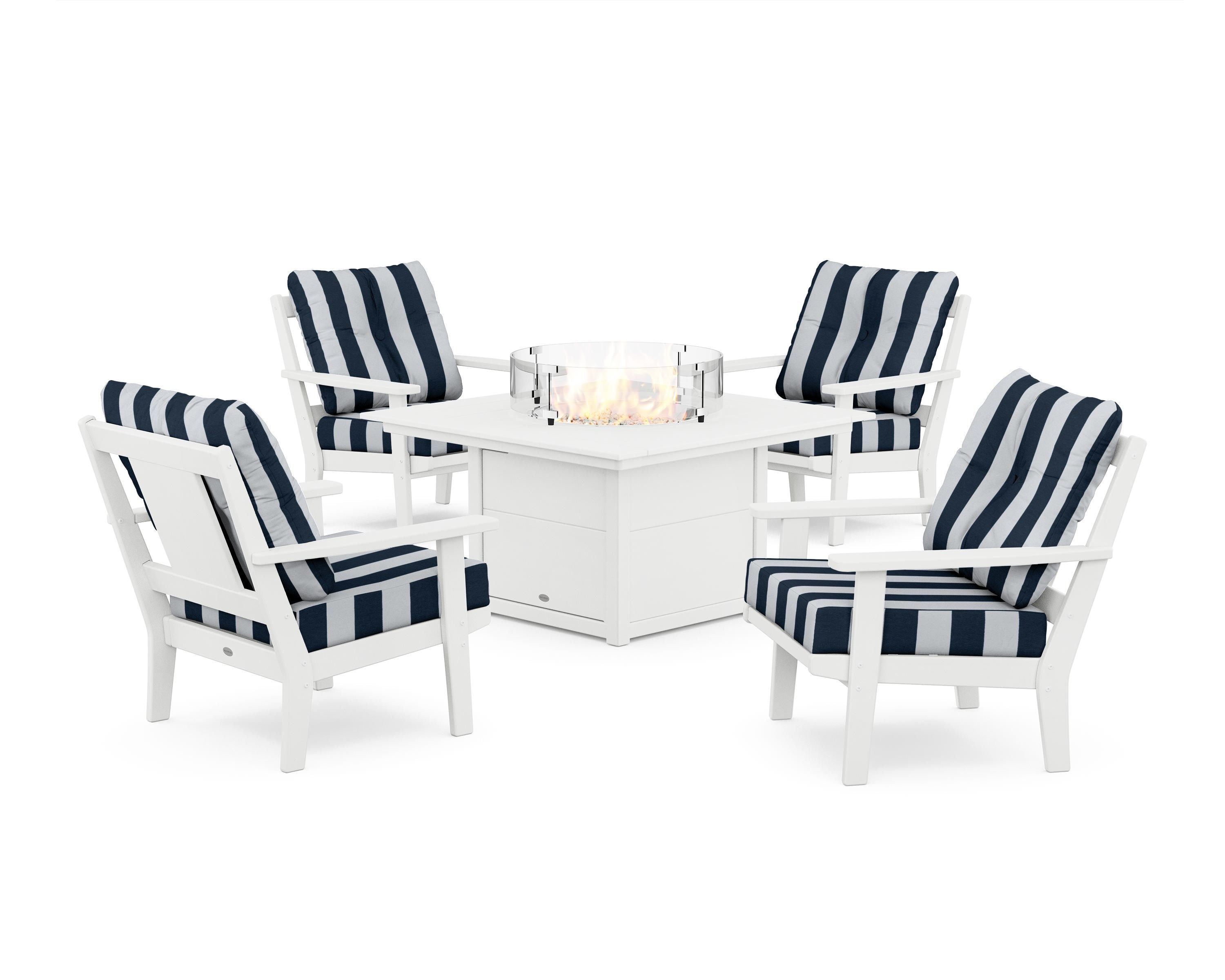 POLYWOOD® Prairie 5-Piece Deep Seating Set with Fire Pit Table in White / Cabana Stripe Marine Indigo