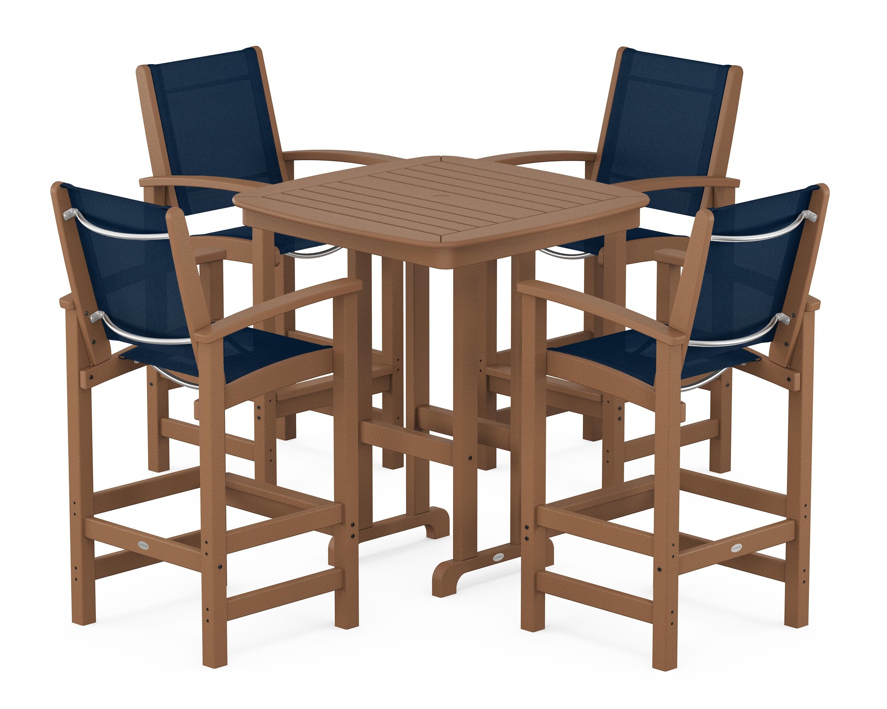 POLYWOOD® Coastal 5-Piece Bar Set in Teak / Navy Blue Sling