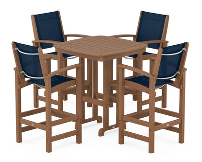 POLYWOOD® Coastal 5-Piece Bar Set in Teak / Navy Blue Sling