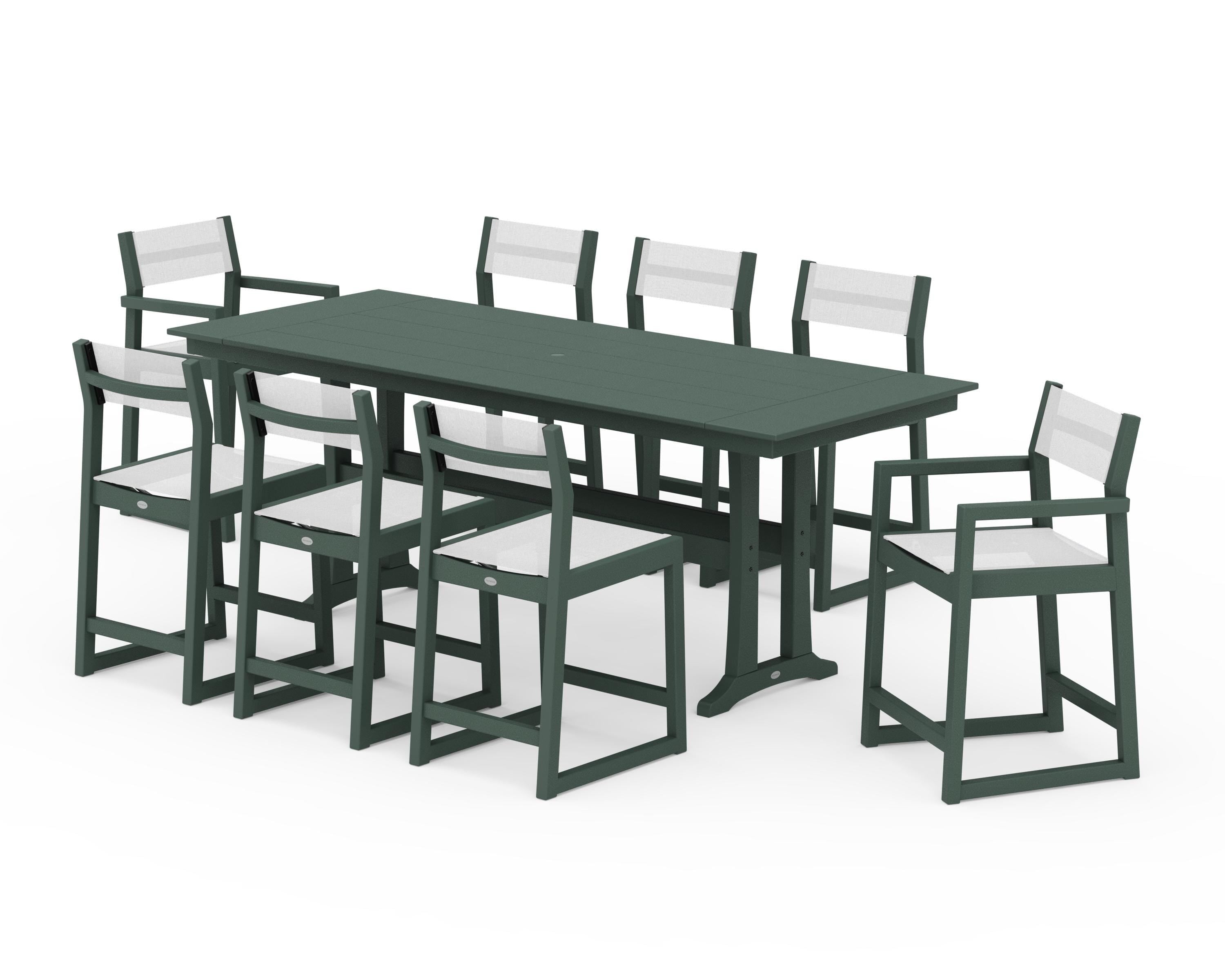 POLYWOOD® EDGE Sling 9-Piece Farmhouse Counter Set with Trestle Legs in Green / White Sling