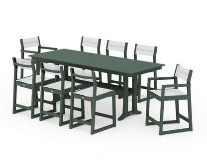 POLYWOOD® EDGE Sling 9-Piece Farmhouse Counter Set with Trestle Legs in Green / White Sling
