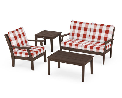 POLYWOOD® Braxton 4-Piece Deep Seating Set in Mahogany / Buffalo Plaid Crimson