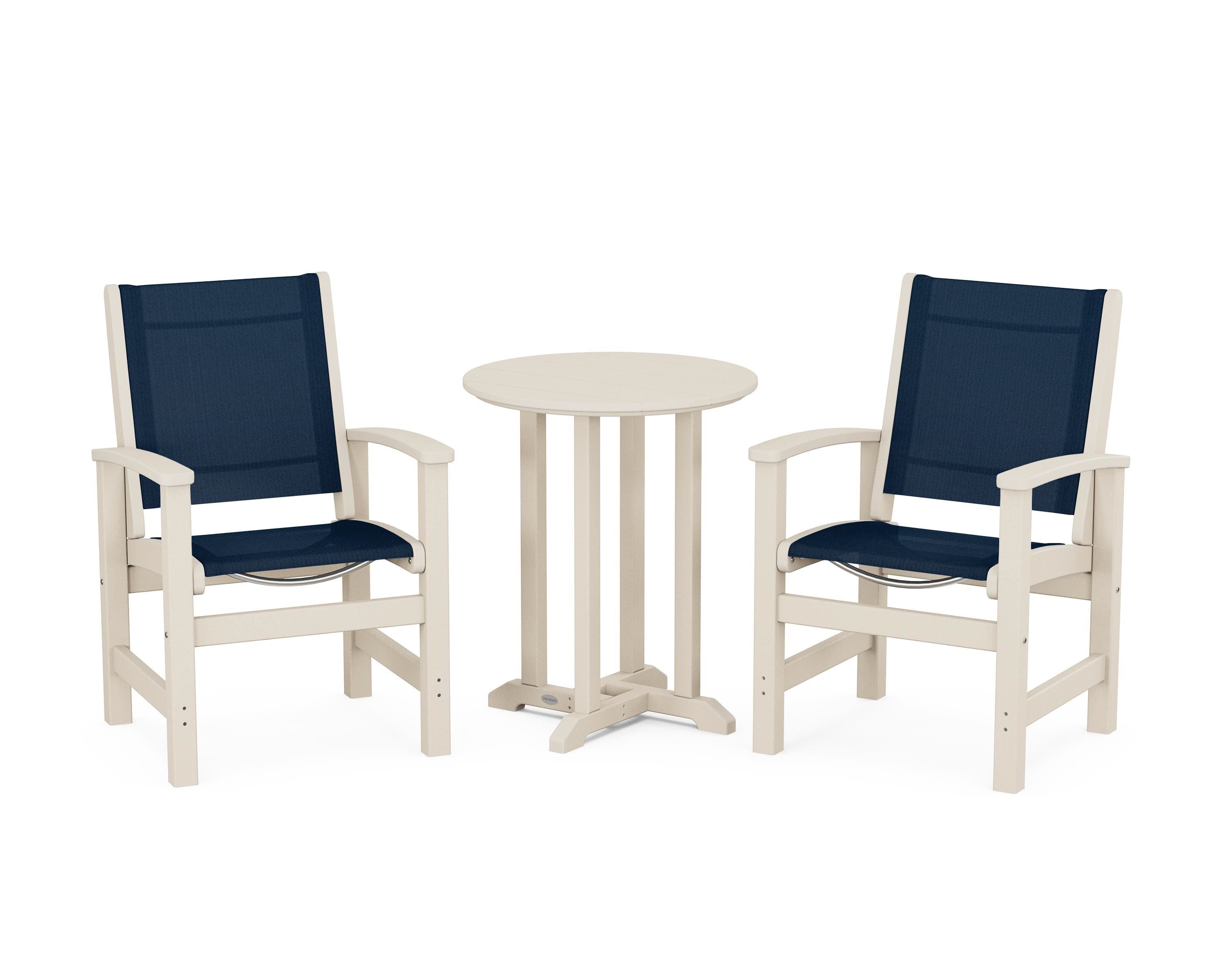 POLYWOOD® Coastal 3-Piece Round Bistro Dining Set in Sand / Navy Blue Sling