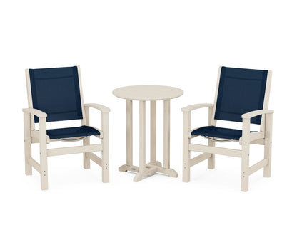 POLYWOOD® Coastal 3-Piece Round Bistro Dining Set in Sand / Navy Blue Sling