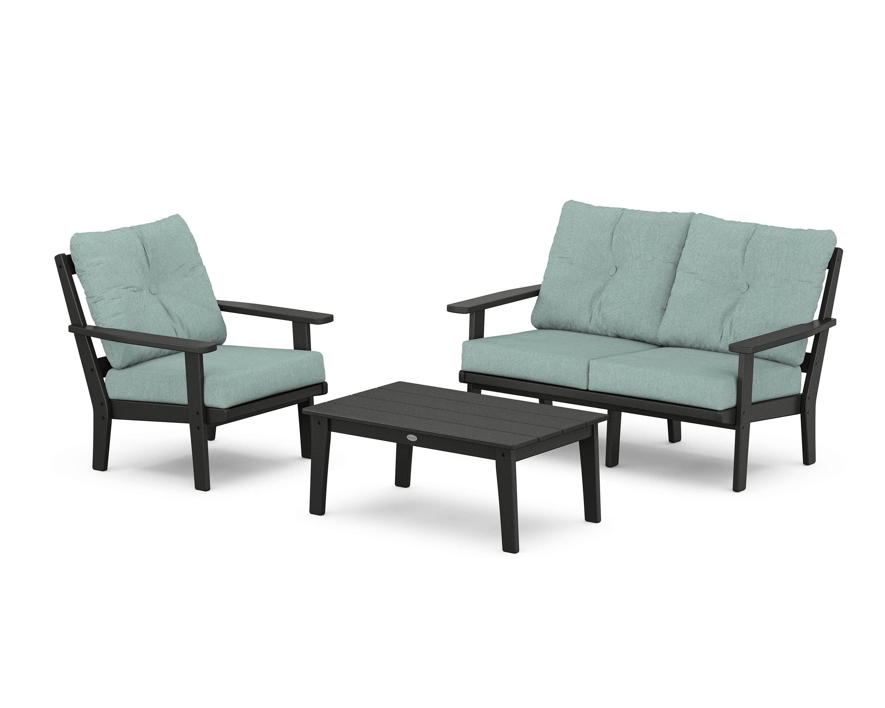 POLYWOOD® Prairie 3-Piece Deep Seating Set with Loveseat in Black / Glacier Spa