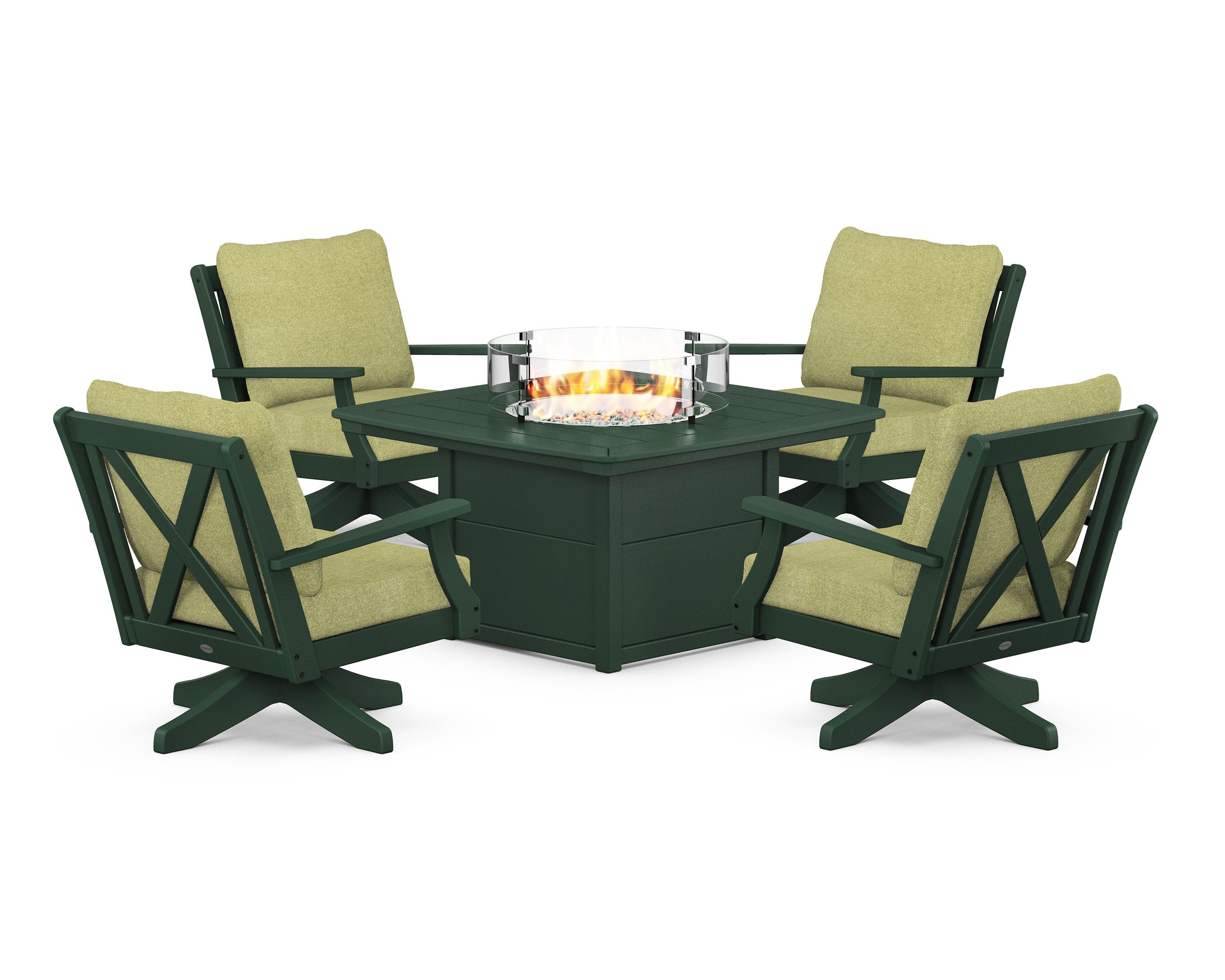 POLYWOOD® Braxton 5-Piece Deep Seating Swivel Conversation Set with Fire Pit Table in Green / Chartreuse Boucle