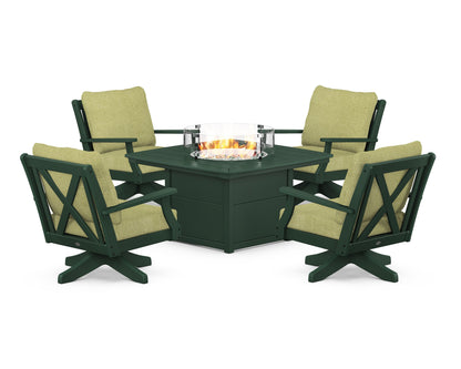 POLYWOOD® Braxton 5-Piece Deep Seating Swivel Conversation Set with Fire Pit Table in Green / Chartreuse Boucle