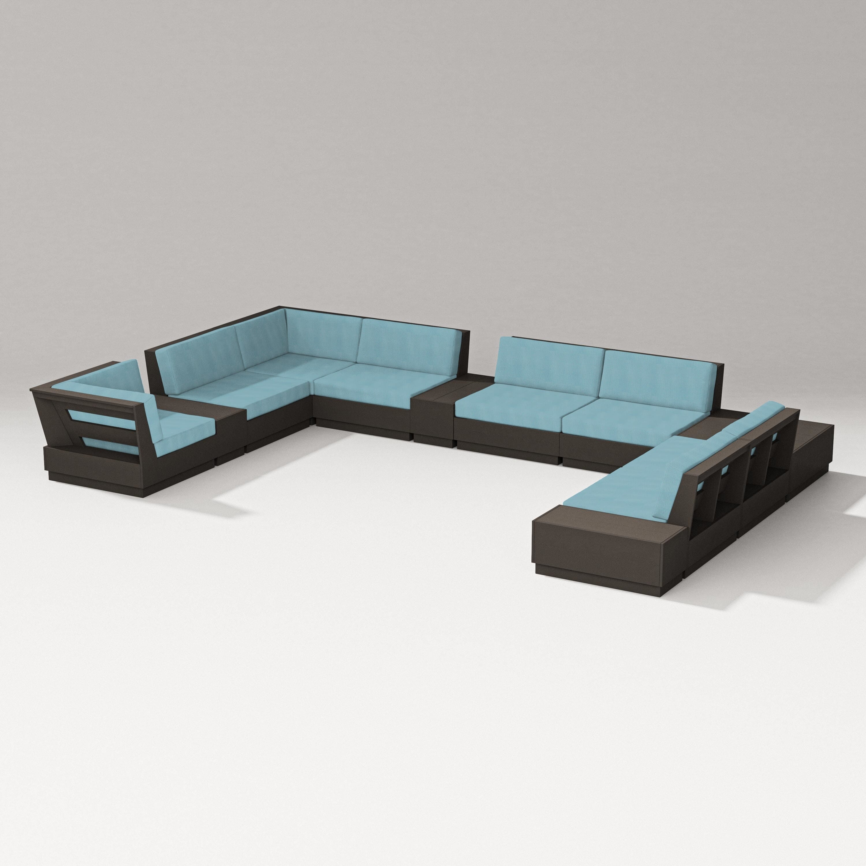 PW Designer Series Elevate 12-Piece Conversation Sectional Set in Vintage Coffee / Lattice Sky Blue