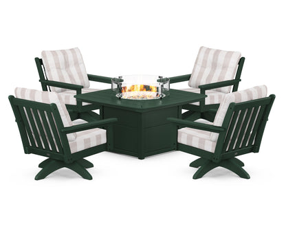 POLYWOOD® Vineyard 5-Piece Deep Seating Swivel Conversation Set with Fire Pit Table in Green / Buffalo Plaid Dune Burlap