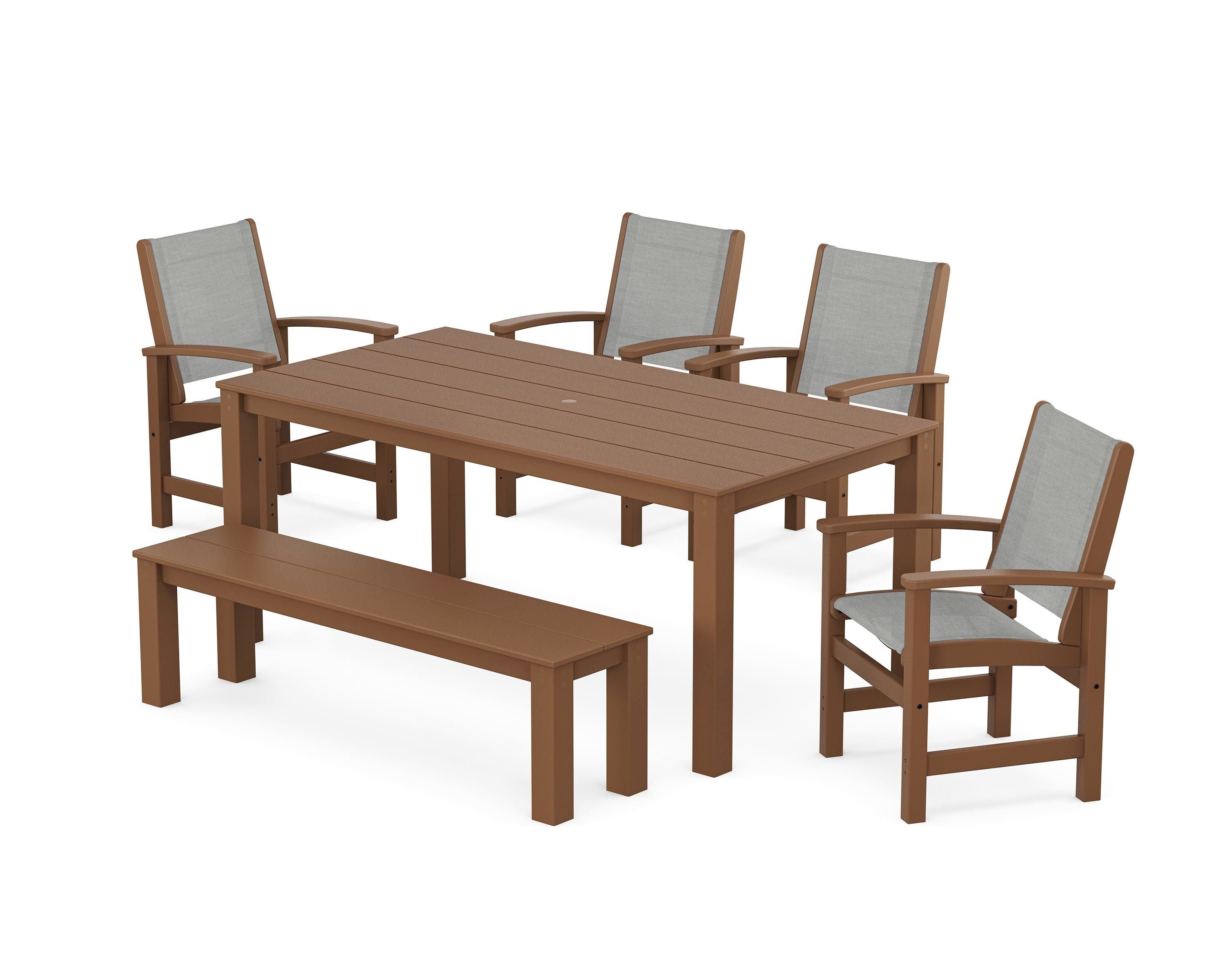 POLYWOOD® Coastal 6-Piece Parsons Dining Set with Bench in Teak / Metallic Sling