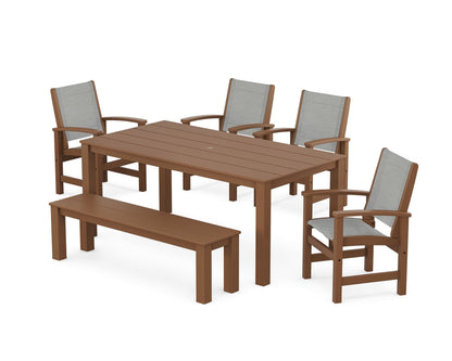 POLYWOOD® Coastal 6-Piece Parsons Dining Set with Bench in Teak / Metallic Sling