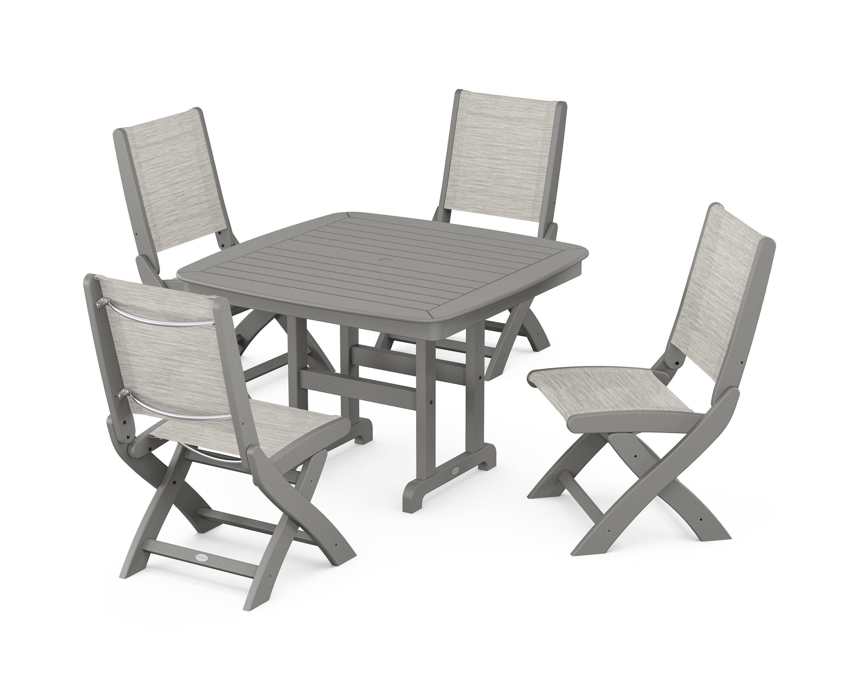 POLYWOOD® Coastal Folding Side Chair 5-Piece Dining Set in Slate Grey / Birch Sling