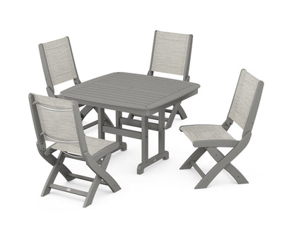 POLYWOOD® Coastal Folding Side Chair 5-Piece Dining Set in Slate Grey / Birch Sling