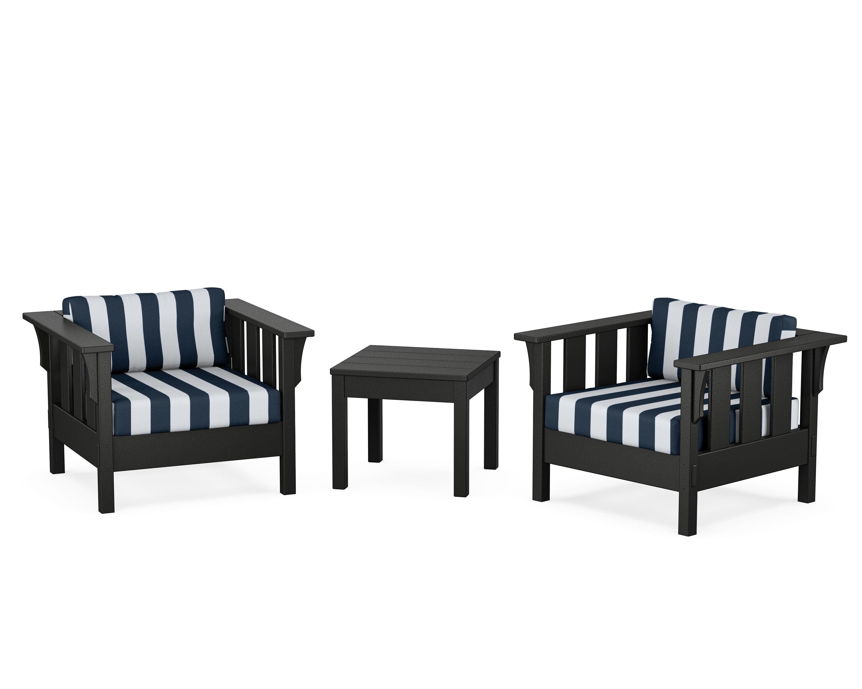 Martha Stewart by POLYWOOD® Acadia 3-Piece Deep Seating Set in Black / Cabana Stripe Marine Indigo