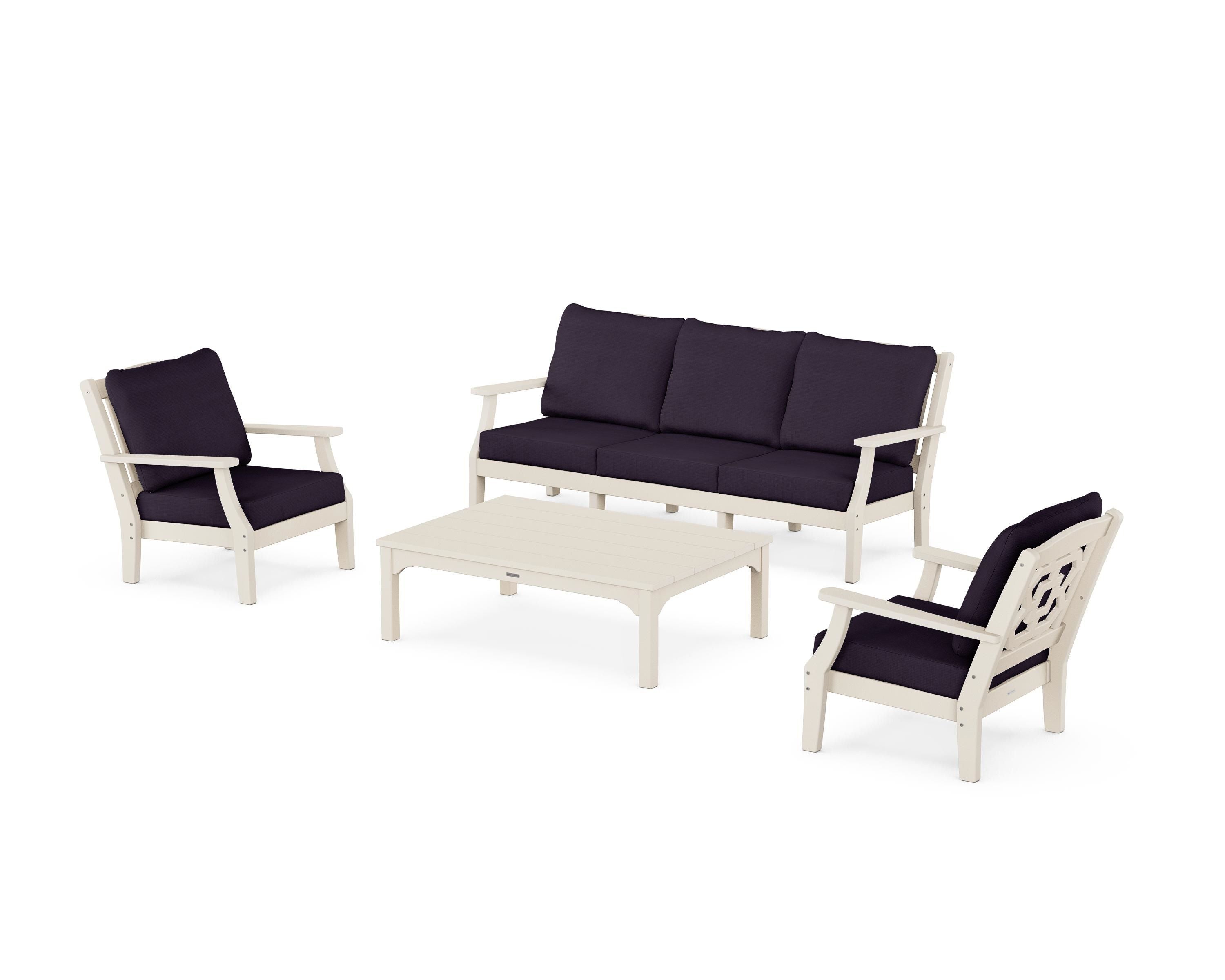 Martha Stewart by POLYWOOD® Chinoiserie 4-Piece Deep Seating Set with Sofa in Sand / Navy Linen