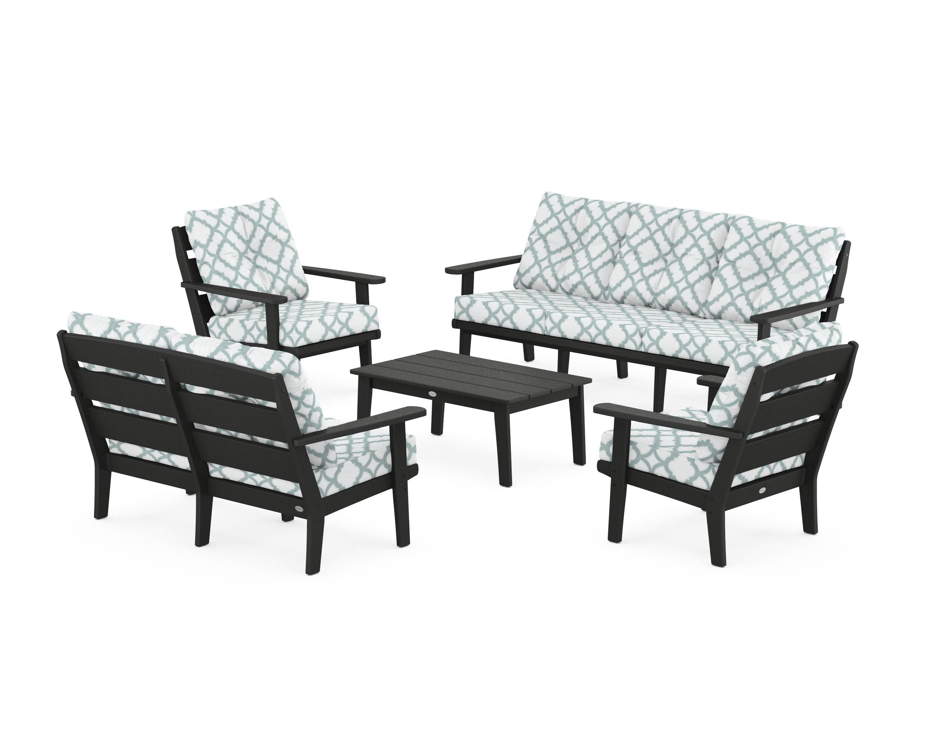 POLYWOOD® Lakeside 5-Piece Lounge Sofa Set in Black / Trellis Glacier Spa