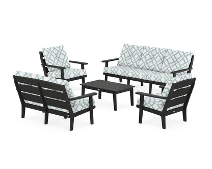 POLYWOOD® Lakeside 5-Piece Lounge Sofa Set in Black / Trellis Glacier Spa