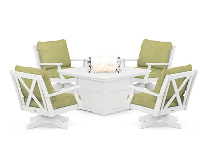 POLYWOOD® Braxton 5-Piece Deep Seating Swivel Conversation Set with Fire Pit Table in White / Chartreuse Boucle