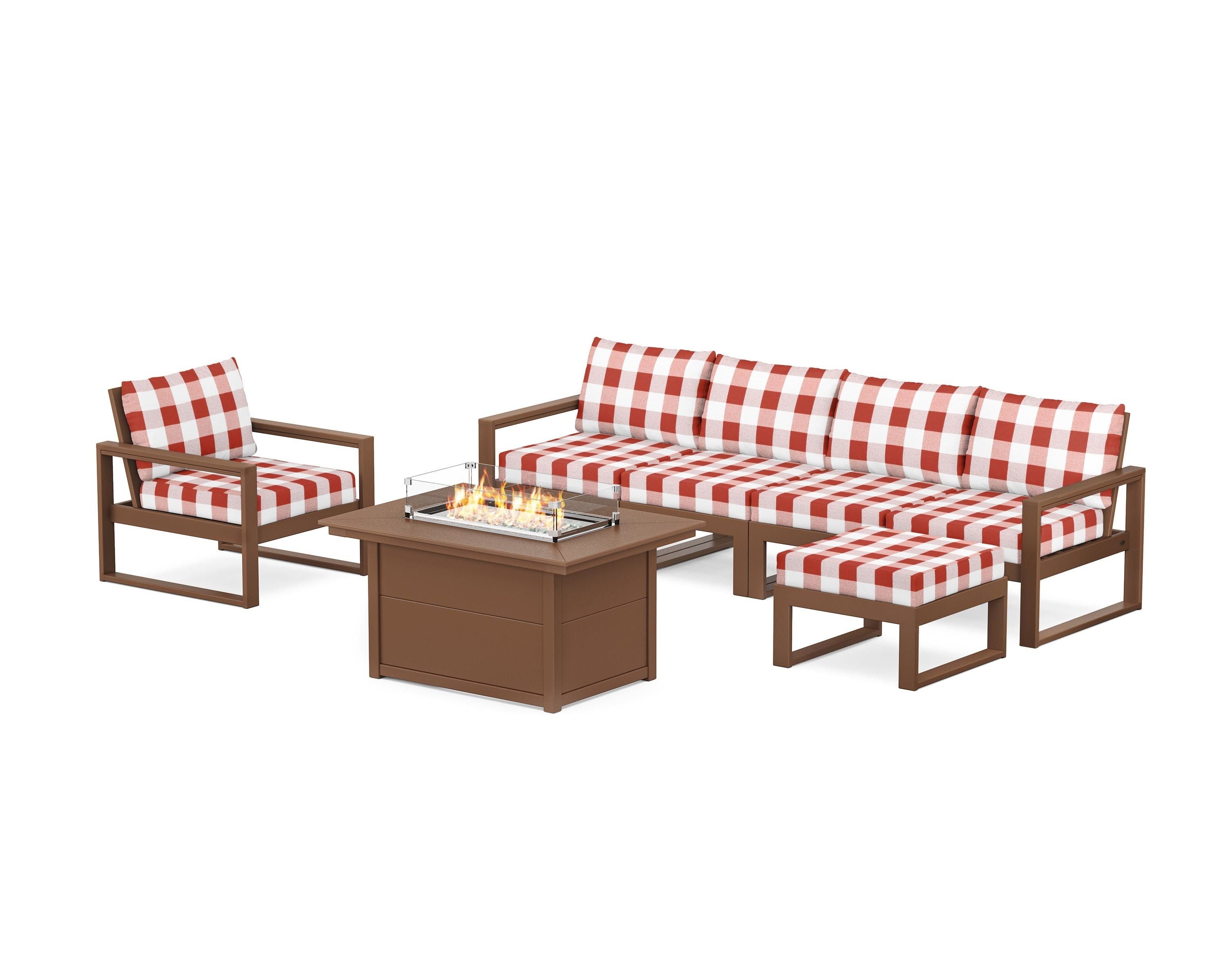 POLYWOOD® EDGE Sectional Lounge and Fire Pit Set in Teak / Buffalo Plaid Crimson