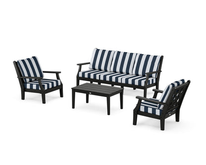 Country Living Wovendale 4-Piece Deep Seating Set with Sofa in Black / Cabana Stripe Marine Indigo