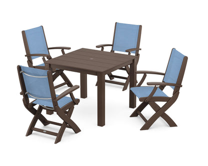 POLYWOOD® Coastal Folding Chair 5-Piece Parsons Dining Set in Mahogany / Poolside Sling