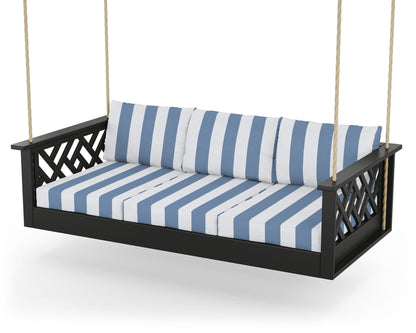 POLYWOOD® Chippendale Daybed Swing in Black / Cabana Stripe Sky Blue