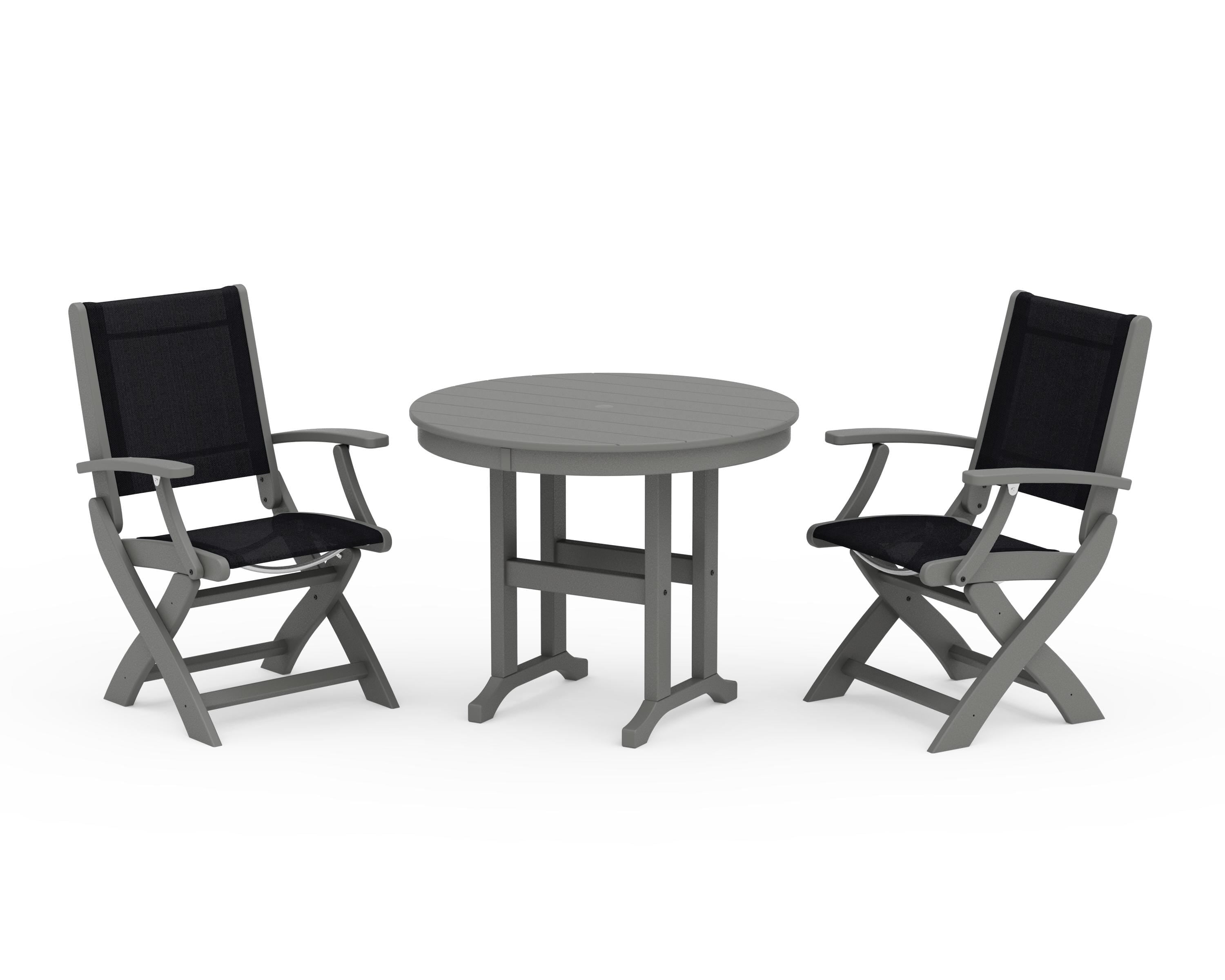 POLYWOOD® Coastal Folding Chair 3-Piece Round Dining Set in Slate Grey / Black Sling