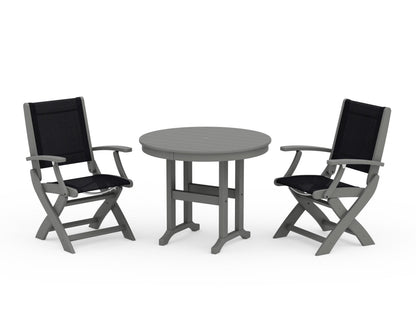 POLYWOOD® Coastal Folding Chair 3-Piece Round Dining Set in Slate Grey / Black Sling