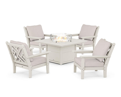 POLYWOOD® Chippendale 5-Piece Deep Seating Set with Fire Pit Table in Sand / Dune Burlap