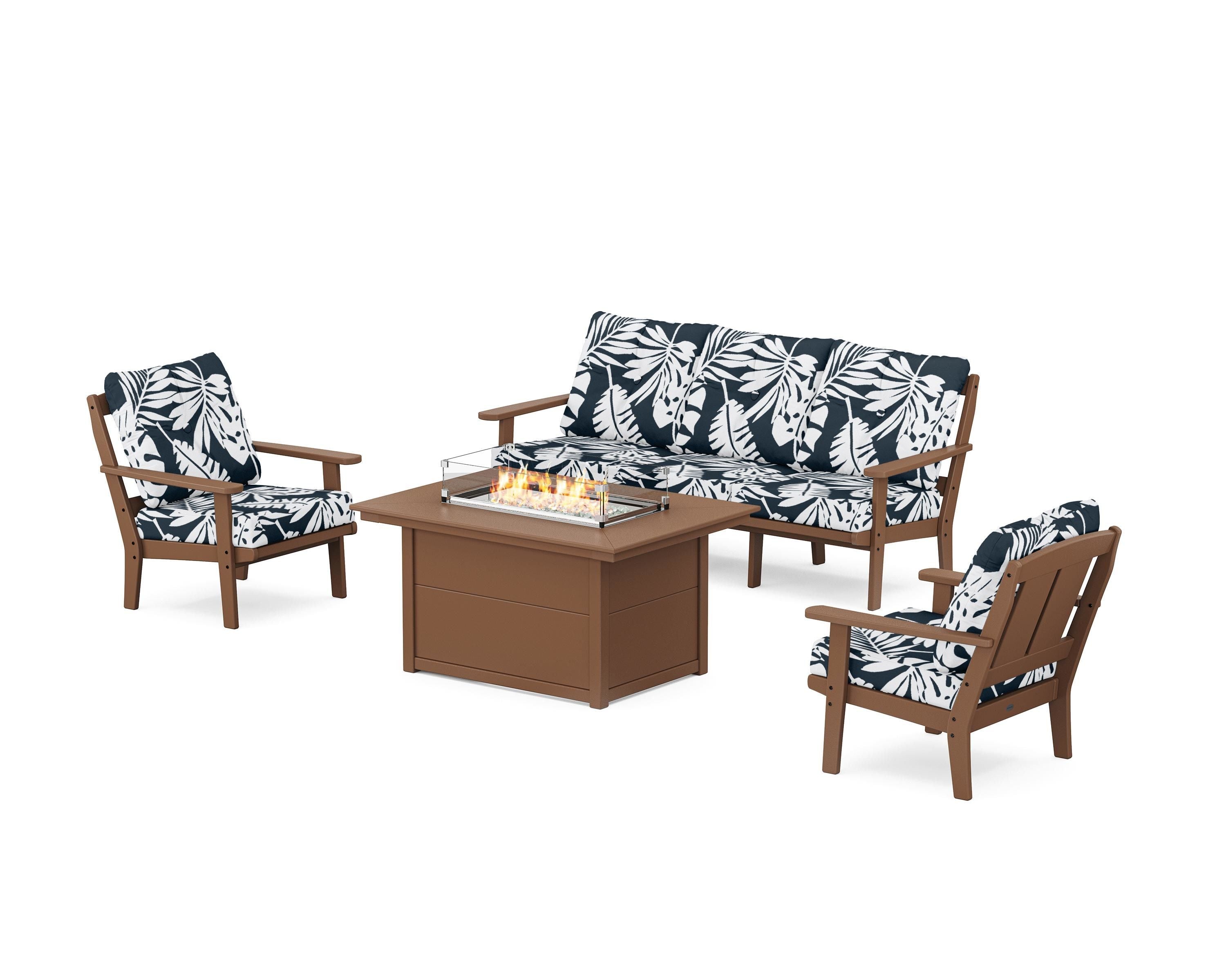 POLYWOOD® Mission Deep Seating Fire Pit Table Set in Teak / Leaf Marine Indigo