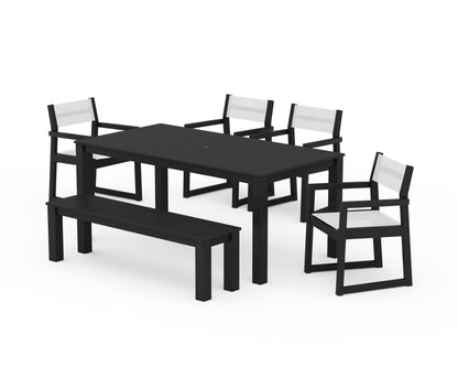 POLYWOOD® EDGE Sling Arm Chair 6-Piece Parsons Dining Set with Bench in Black / White Sling