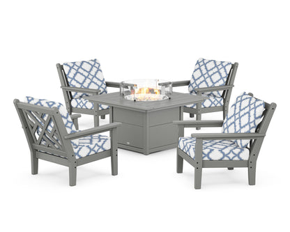 POLYWOOD® Chippendale 5-Piece Deep Seating Set with Fire Pit Table in Slate Grey / Trellis Sky Blue