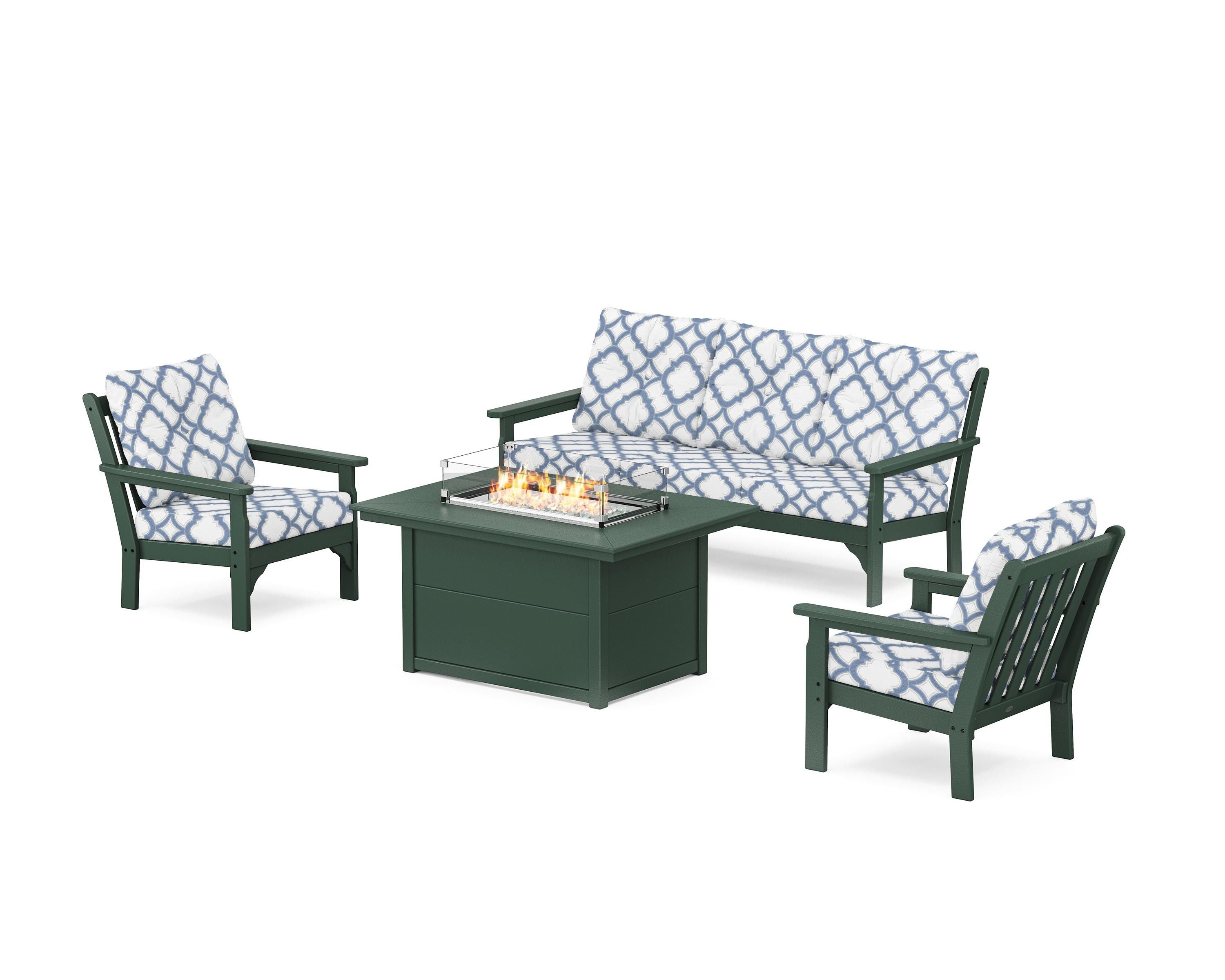 POLYWOOD® Vineyard Deep Seating Fire Pit Table Set in Green / Trellis Sky Blue