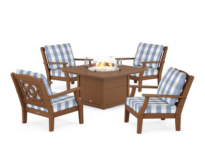 Martha Stewart by POLYWOOD® Chinoiserie 5-Piece Deep Seating Set with Fire Pit Table in Teak / Buffalo Plaid Sky Blue