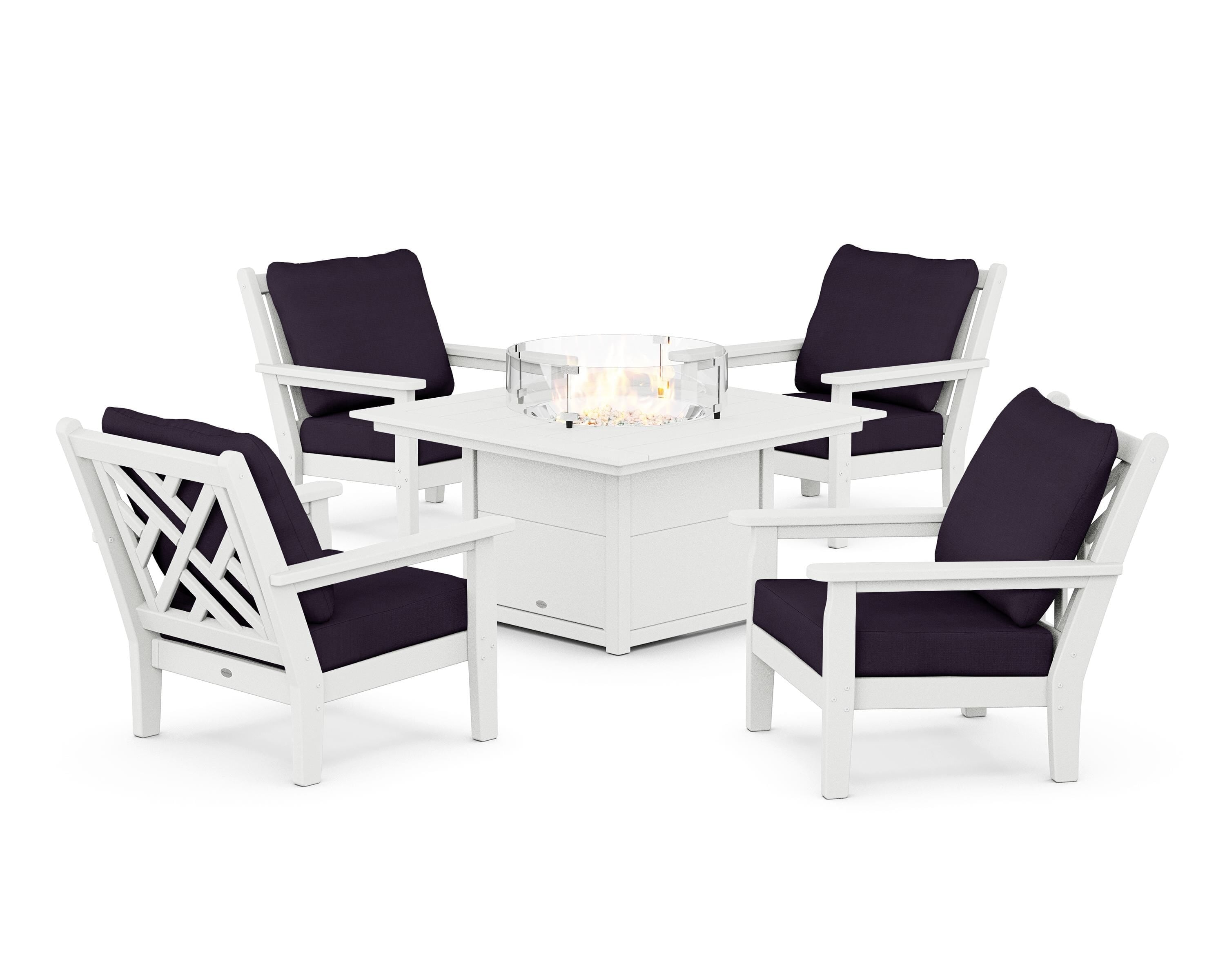 POLYWOOD® Chippendale 5-Piece Deep Seating Set with Fire Pit Table in White / Navy Linen