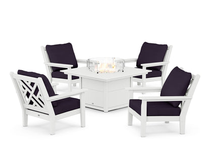 POLYWOOD® Chippendale 5-Piece Deep Seating Set with Fire Pit Table in White / Navy Linen