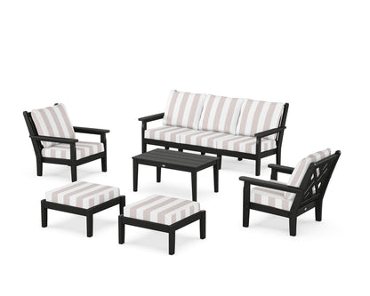 POLYWOOD® Chippendale 6-Piece Lounge Sofa Set in Black / Cabana Stripe Dune Burlap