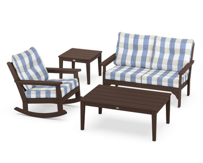 POLYWOOD® Vineyard 4-Piece Deep Seating Rocker Set in Mahogany / Buffalo Plaid Sky Blue