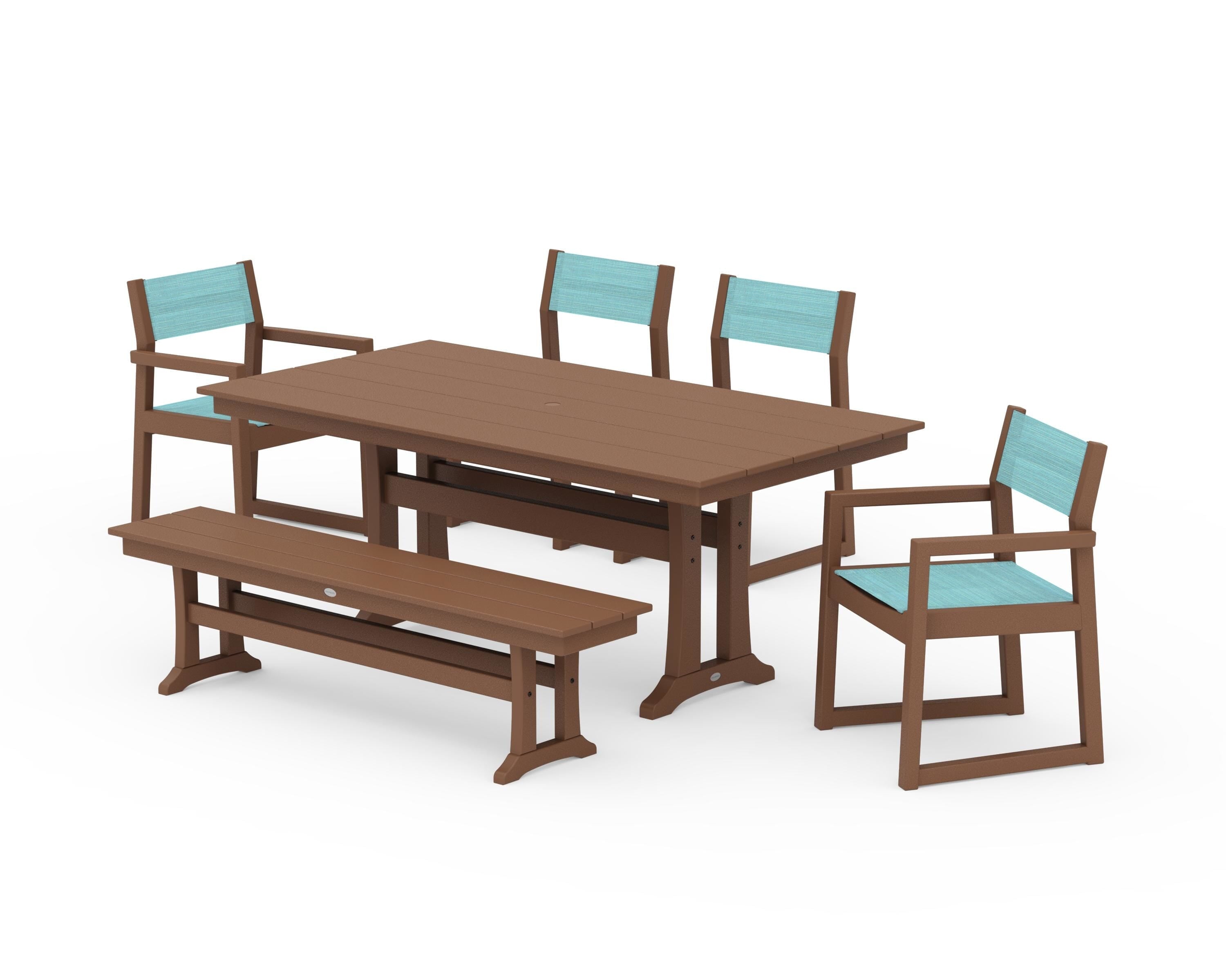 POLYWOOD® EDGE Sling 6-Piece Farmhouse Dining Set With Trestle Legs in Teak / Dupioni Aquamarine Sling