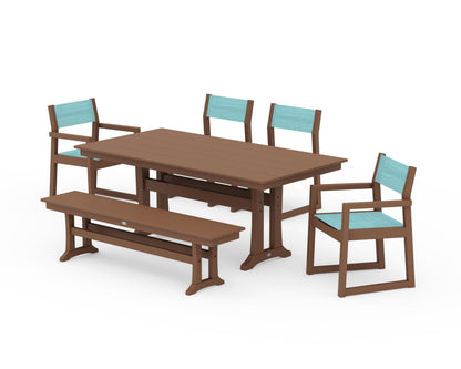 POLYWOOD® EDGE Sling 6-Piece Farmhouse Dining Set With Trestle Legs in Teak / Dupioni Aquamarine Sling
