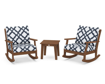 POLYWOOD® Braxton 3-Piece Deep Seating Rocker Set in Teak / Trellis Marine Indigo