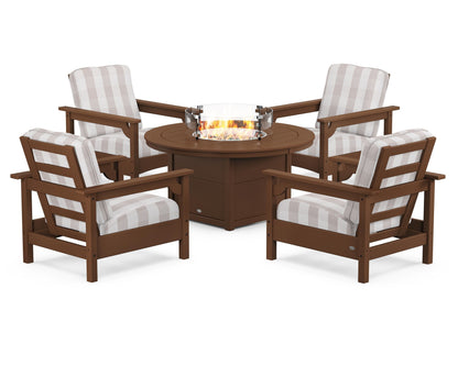 POLYWOOD® Club 5-Piece Conversation Set with Fire Pit Table in Teak / Buffalo Plaid Dune Burlap