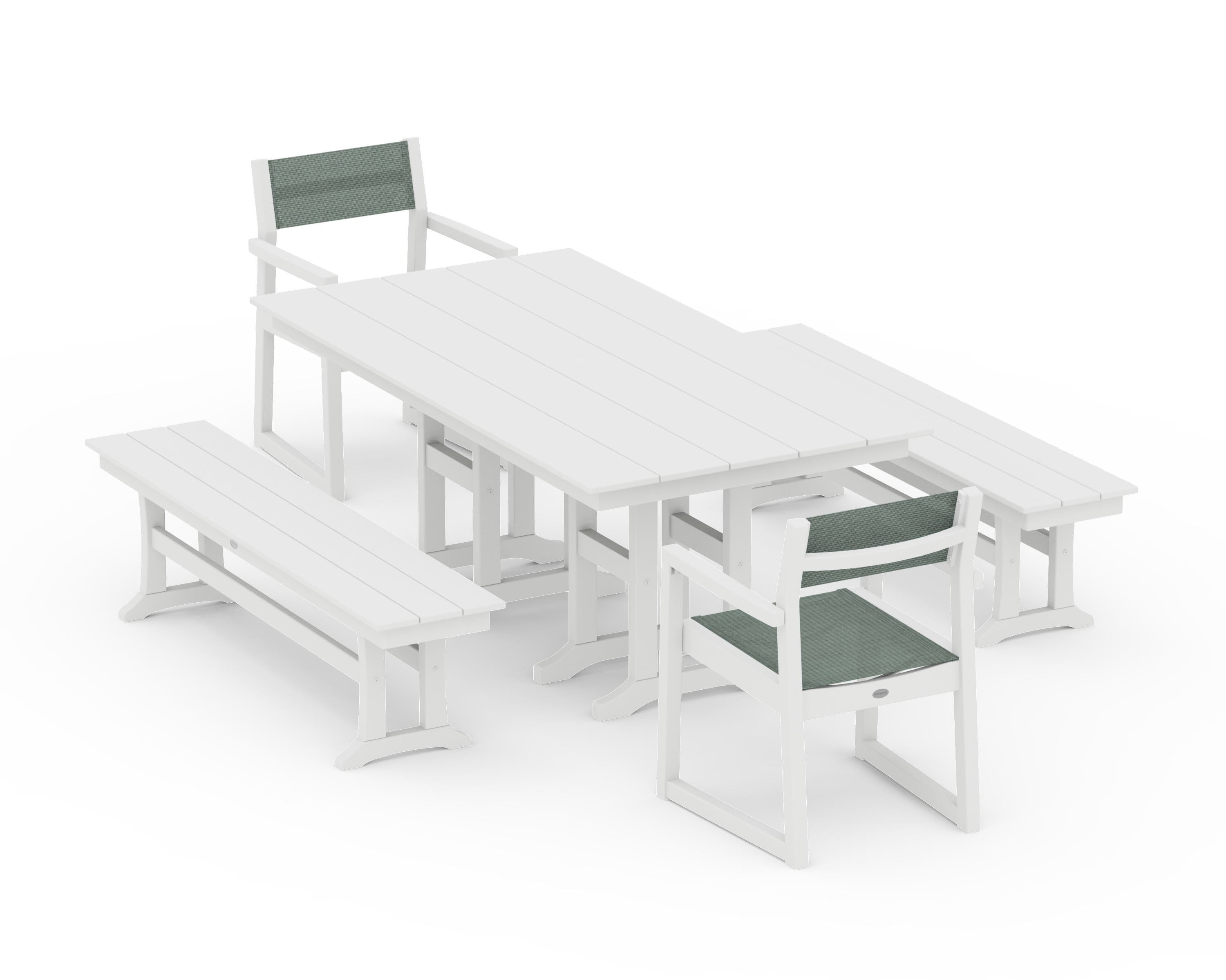 POLYWOOD® EDGE Sling Arm Chair 5-Piece Farmhouse Dining Set with Benches in White / Dupioni Sea Mist Sling
