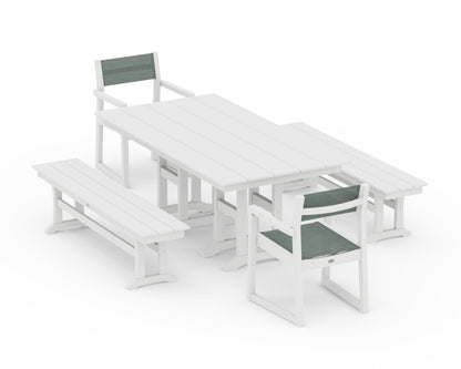 POLYWOOD® EDGE Sling Arm Chair 5-Piece Farmhouse Dining Set with Benches in White / Dupioni Sea Mist Sling