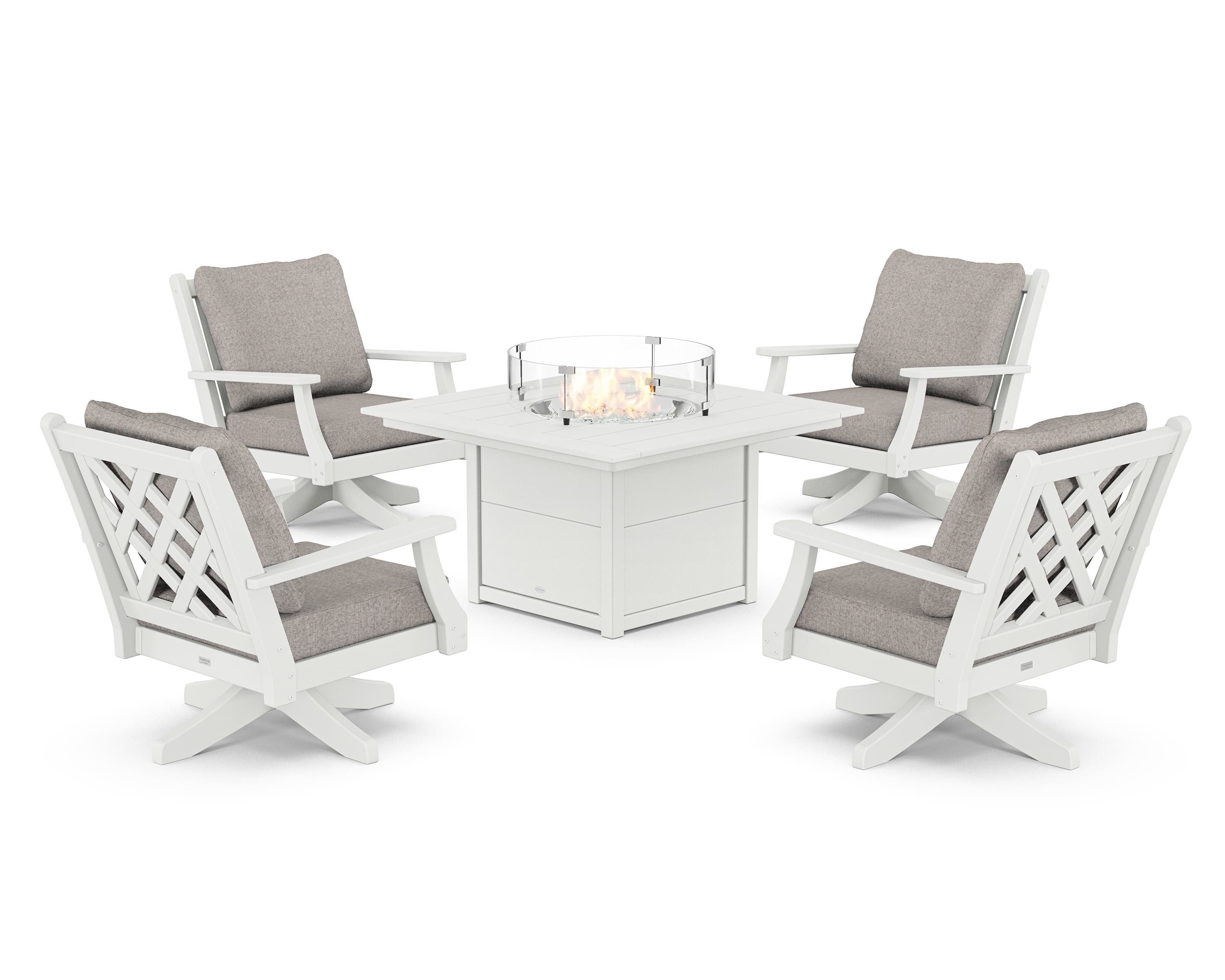 Country Living Wovendale 5-Piece Deep Seating Swivel Conversation Set with Fire Pit Table in White / Weathered Tweed