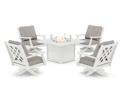 Country Living Wovendale 5-Piece Deep Seating Swivel Conversation Set with Fire Pit Table in White / Weathered Tweed