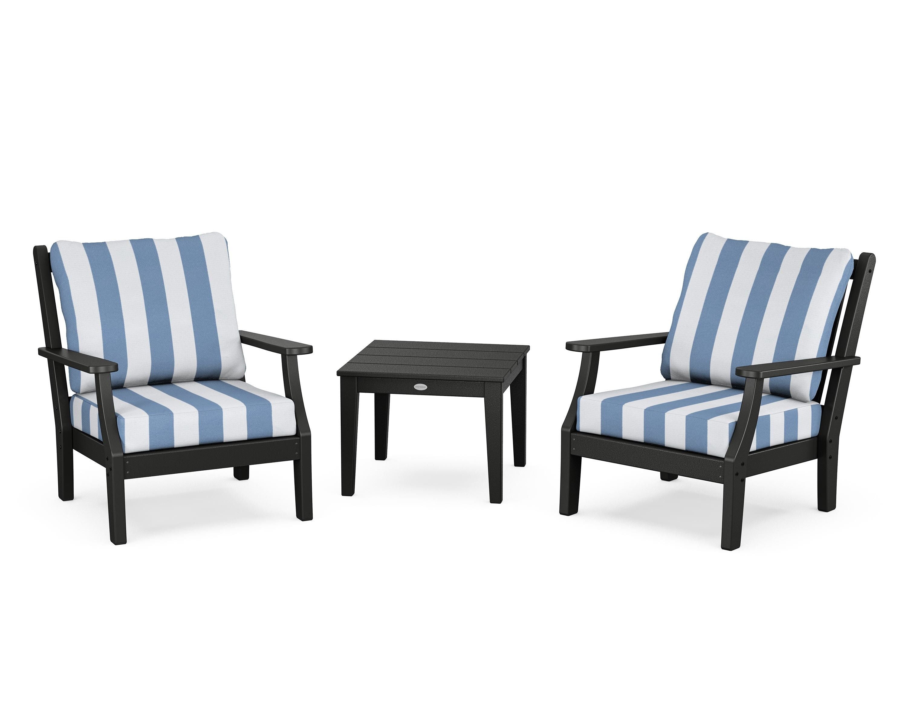 Country Living Wovendale 3-Piece Deep Seating Set in Black / Cabana Stripe Sky Blue