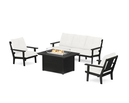POLYWOOD® Prairie Deep Seating Fire Pit Table Set in Black / Natural Linen
